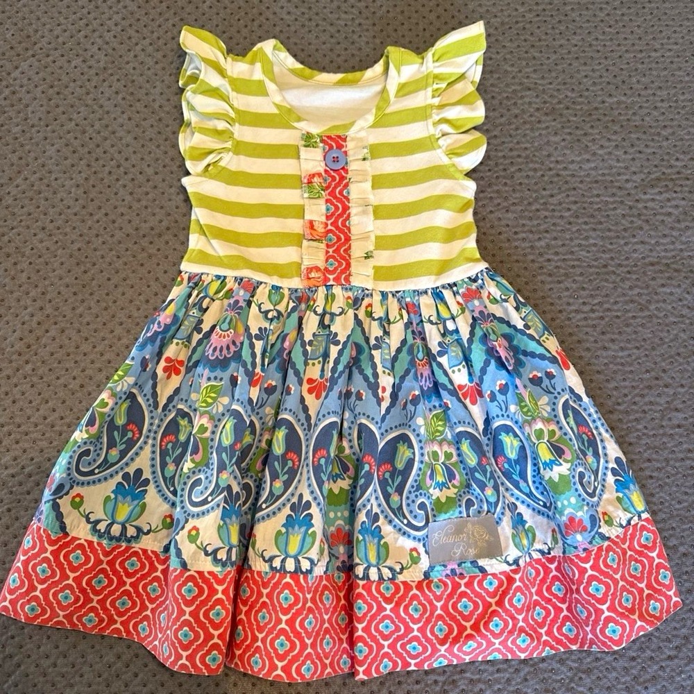 Eleanor Rose‎ Girls 3-4 Fit & Flare Striped Paisley Flutter Ruffle Dress